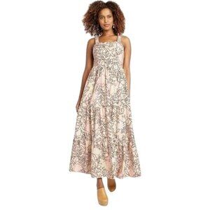 Floral Print Maxi Dress Beige & Black Sleeveless Square Neck Tiered Skirt Boho S